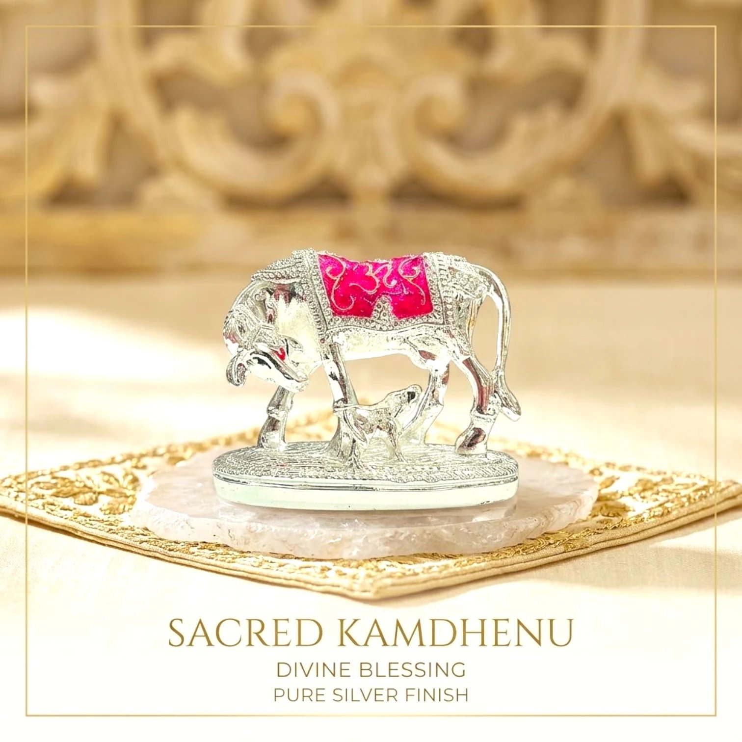 silver plated kamdhenu cow Silver Plated Small Kamdhenu - Pink - Cow and Calf - Image 1