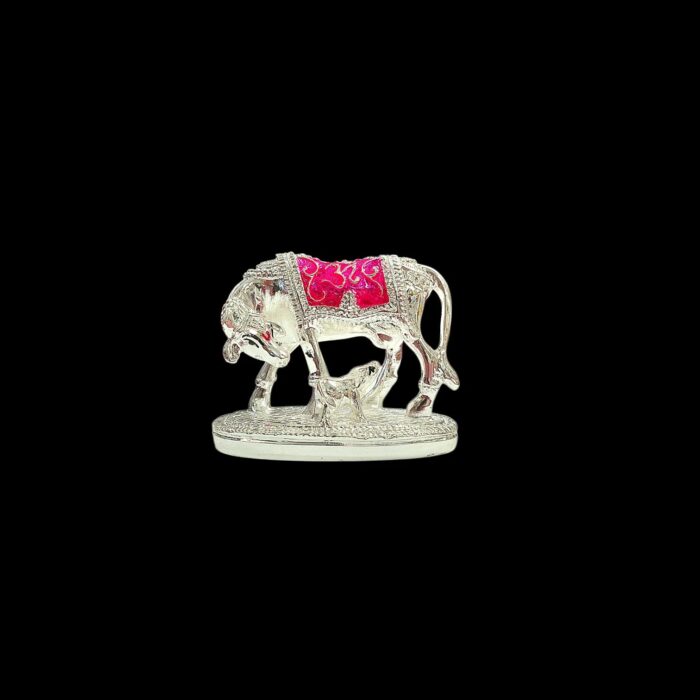 Silver Plated Small Kamdhenu - Pink - Cow and Calf - Image 3