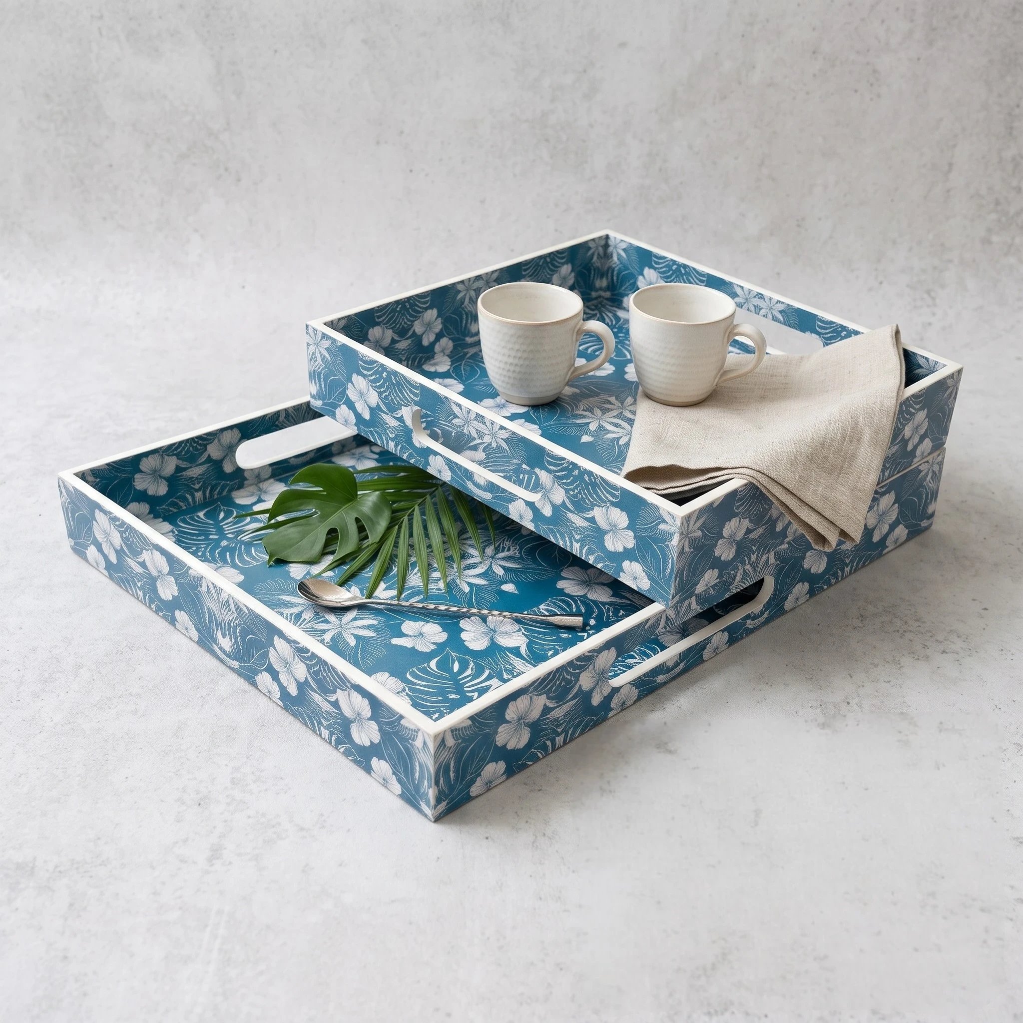 Decorative Coffee Table Tray Set for Home Decorative Wooden Serving Tray Set of 2 with High Gloss Finish