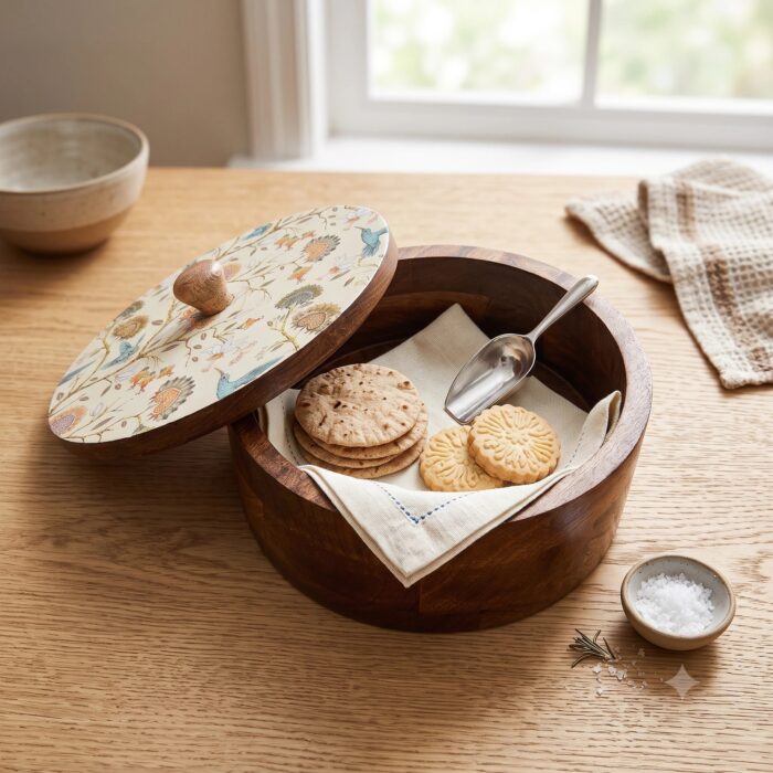 Wooden Roti Box with Decorative Lid