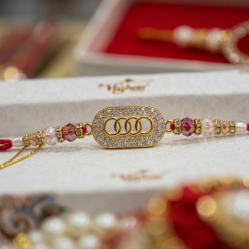Close up of Gold Plated Ad stone Rakhi Premium Ad stone Rakhi | Order Rakhi from India for Quick delivery in Canada