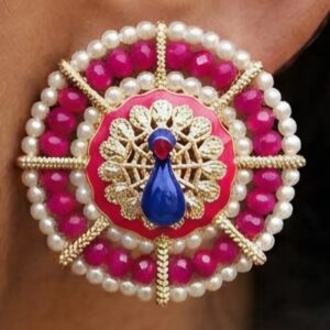 Elegant Peacock Earring with Dark Pink Crystal