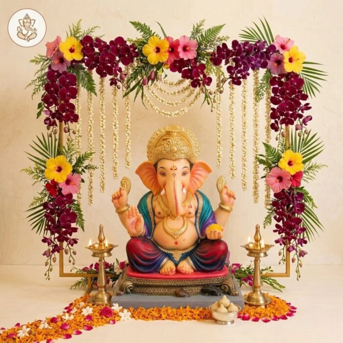 24 inch gold square Ganpati backdrop stand decorated with marigold garlands and mango leaves