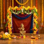 15 inch square backdrop stand styled for Janmashtami with a Krishna idol