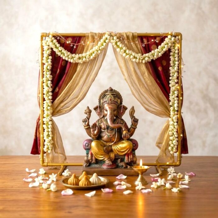 24 inch gold square Ganpati backdrop stand decorated with Jasmine Garlands and curtains