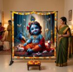 Baby shower setup with colorful Printed Baby Krishna Backdrop