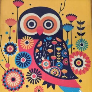 Bright yellow with multi color Owl pattern