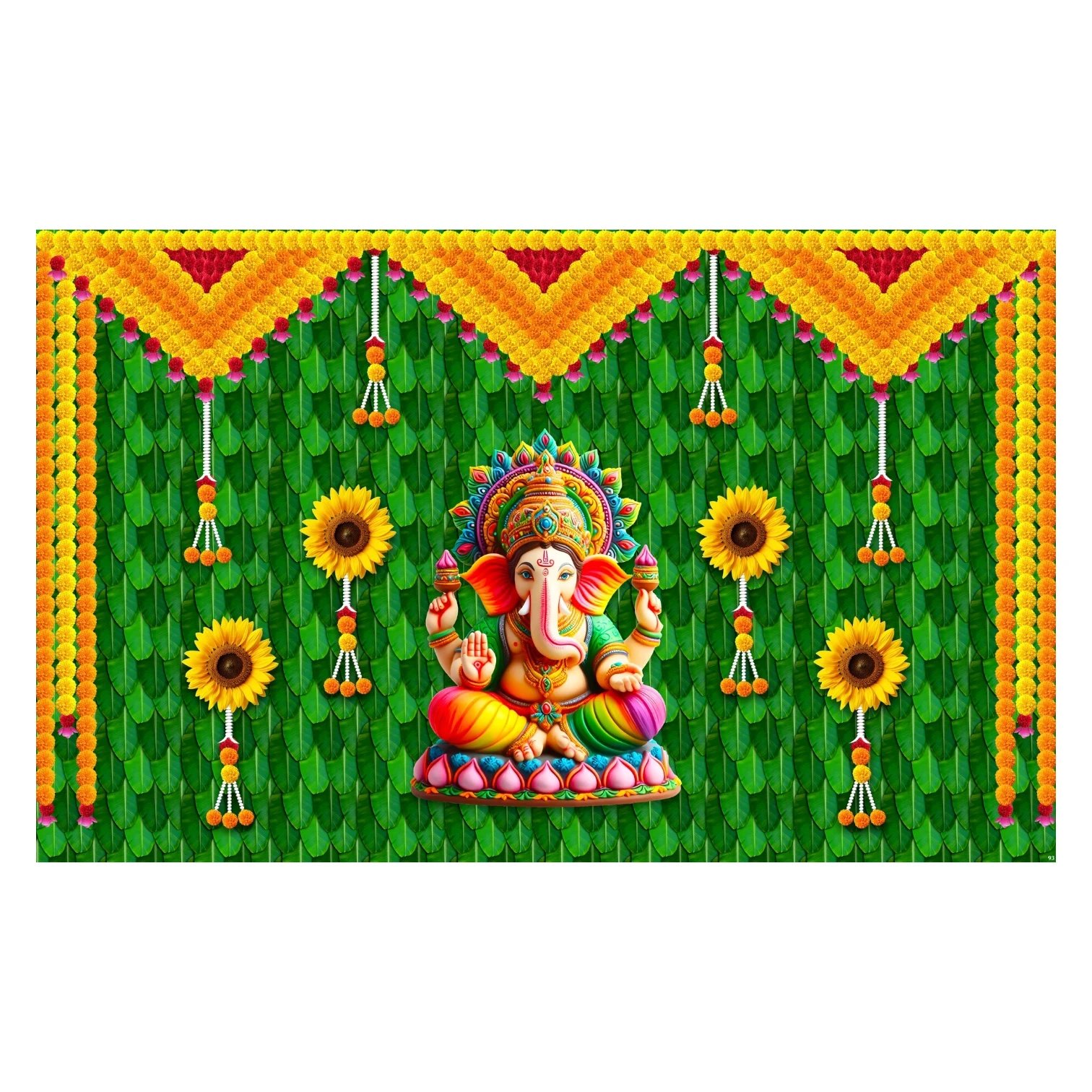 Elegant Ganesha Backdrop for Festivals 8x5 ft Ganesha marigold backdrop with Lord Ganesha and marigold garlands for Ganesh Chaturthi pooja