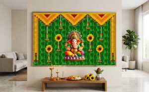 Ganesha backdrop hung on wall showing full 8 feet width for wedding mandap decoration