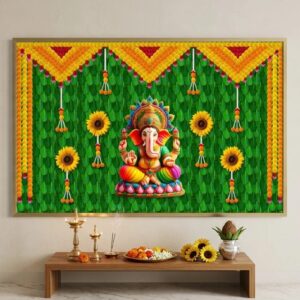 Ganesha backdrop hung on wall showing full 8 feet width for wedding mandap decoration