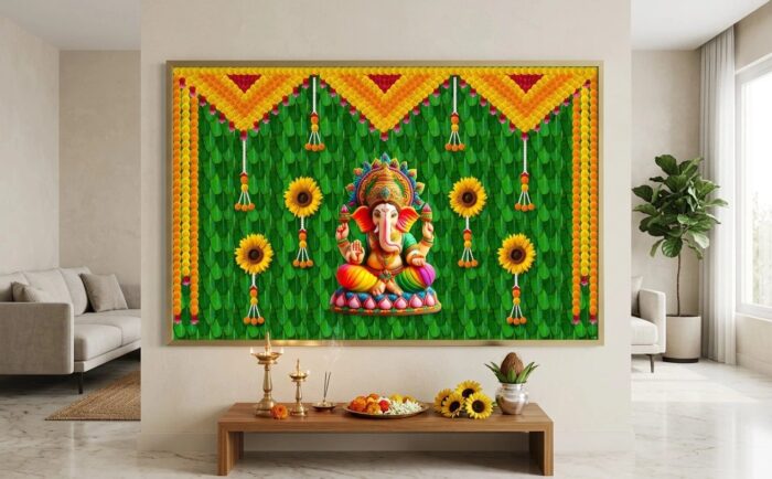 Ganesha backdrop hung on wall showing full 8 feet width for wedding mandap decoration