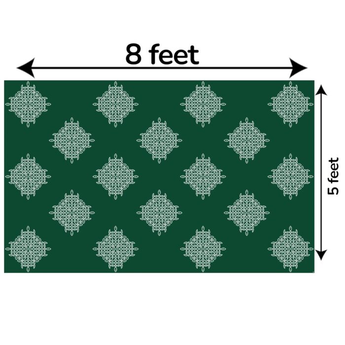 Full 8x5 ft green Kolam backdrop curtain with traditional white muggu rangoli for Seemantham baby shower decoration
