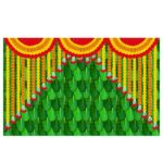 Banana marigold backdrop hung for Annaprashan mandap — Vazhai Ilai with printed marigold strings for baby's rice ceremony