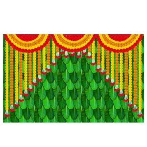 Banana marigold backdrop hung for Annaprashan mandap — Vazhai Ilai with printed marigold strings for baby's rice ceremony