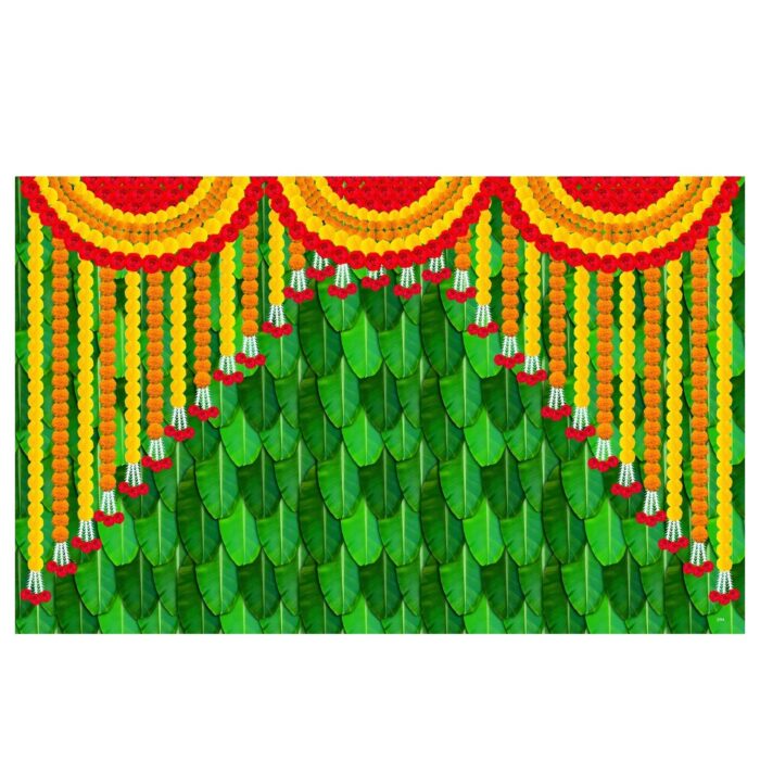 Banana marigold backdrop hung for Annaprashan mandap — Vazhai Ilai with printed marigold strings for baby's rice ceremony