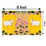 Full 8x5 ft yellow Pichwai Cow backdrop curtain with Kamadhenu Gomata for Griha Pravesh housewarming in Canada