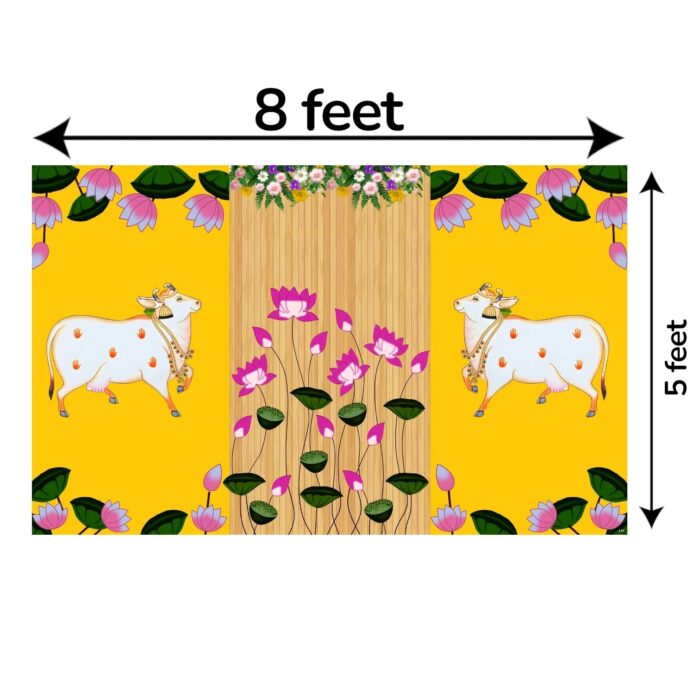 Full 8x5 ft yellow Pichwai Cow backdrop curtain with Kamadhenu Gomata for Griha Pravesh housewarming in Canada