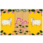 Yellow Pichwai Cow backdrop 8x5 ft - auspicious white Kamadhenu Gomata cows on turmeric-yellow Pichwai