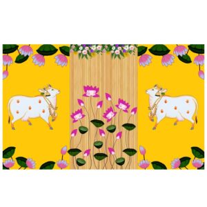 Yellow Pichwai Cow backdrop 8x5 ft - auspicious white Kamadhenu Gomata cows on turmeric-yellow Pichwai