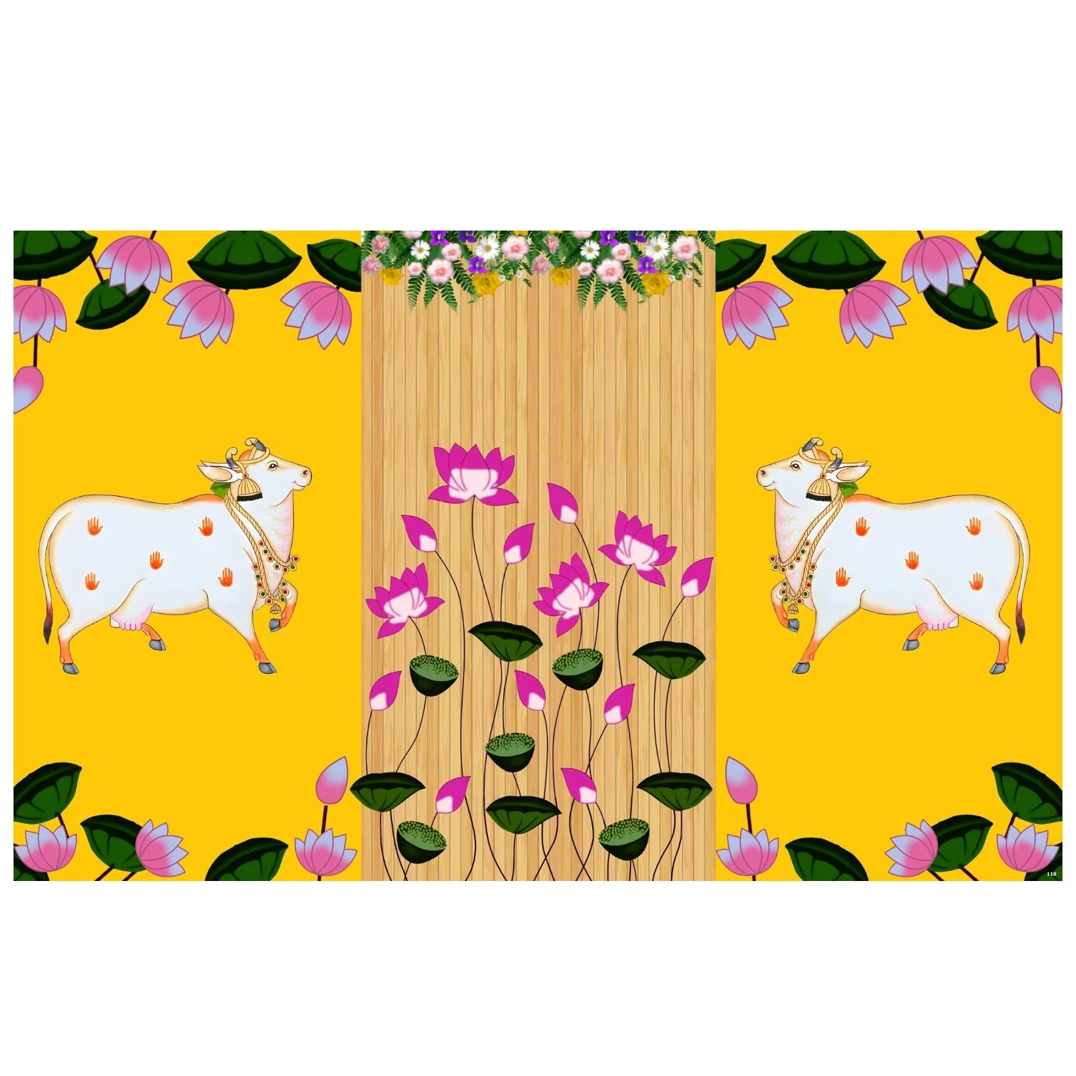 Yellow Pichwai Cow backdrop Yellow Pichwai Cow backdrop 8x5 ft - auspicious white Kamadhenu Gomata cows on turmeric-yellow Pichwai