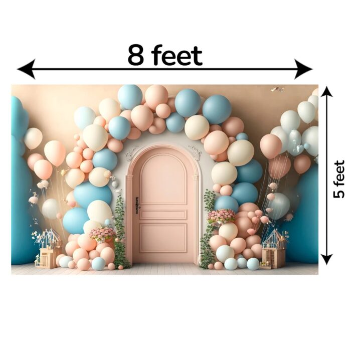 Dimensions of Pastel balloon backdrop hung on stand at birthday party photobooth 8x5 ft — ships from Halifax, Canada