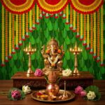 Full 8x5 ft banana leaves marigold floral backdrop curtain with green and orange for housewarming pooja — ships from Halifax Canada