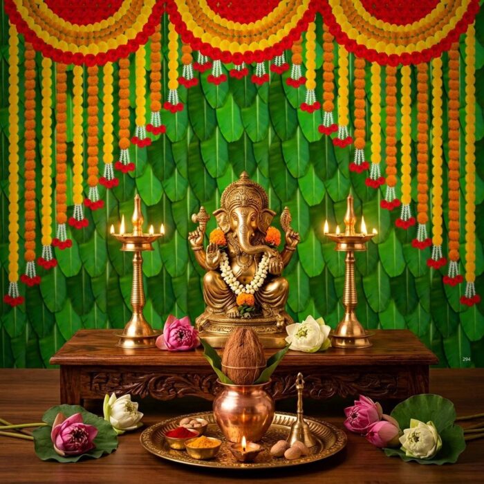 Full 8x5 ft banana leaves marigold floral backdrop curtain with green and orange for housewarming pooja — ships from Halifax Canada