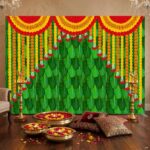 Banana leaves with marigold strings backdrop 8x5 ft — Vazhai Ilai green arch with printed orange marigold garlands for Onam