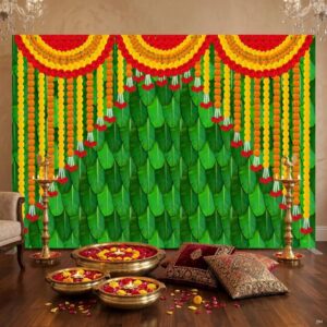 Banana leaves with marigold strings backdrop 8x5 ft — Vazhai Ilai green arch with printed orange marigold garlands for Onam