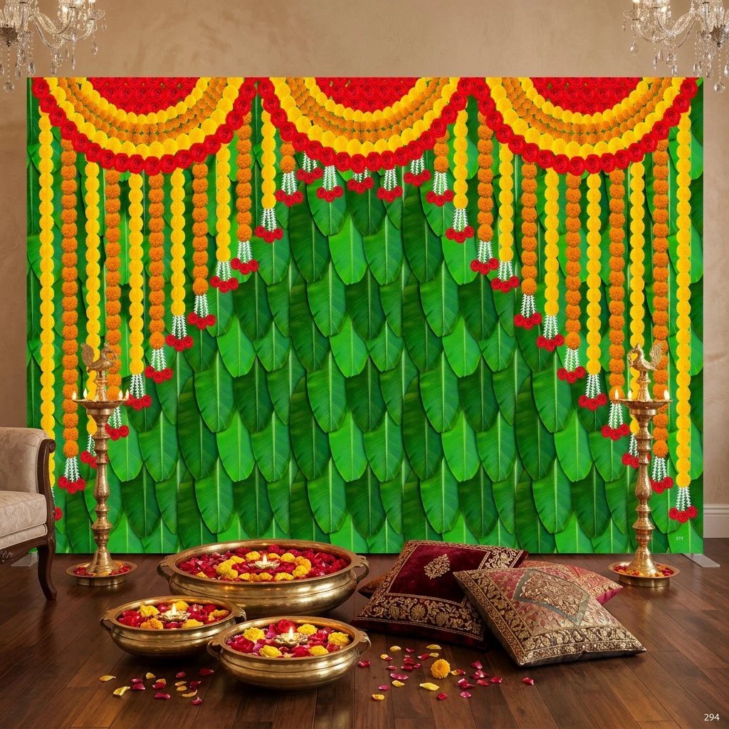 Printed Background for festivals Banana leaves with marigold strings backdrop 8x5 ft — Vazhai Ilai green arch with printed orange marigold garlands for Onam