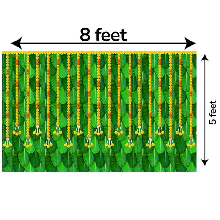 Banana Leaves with Marigold Strings Mandap Backdrop - 8x5 ft - Image 3