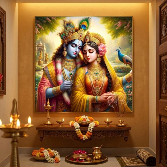 Radha Krishna backdrop hung on wall at Janmashtami jhula setup 5x5 ft — ships from Halifax, Canada