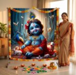 Indian Festival backdrop Decoration setup with colorful Printed Baby Krishna Backdrop