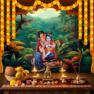 Janmashtami setup with colorful Printed Baby Krishna Backdrop