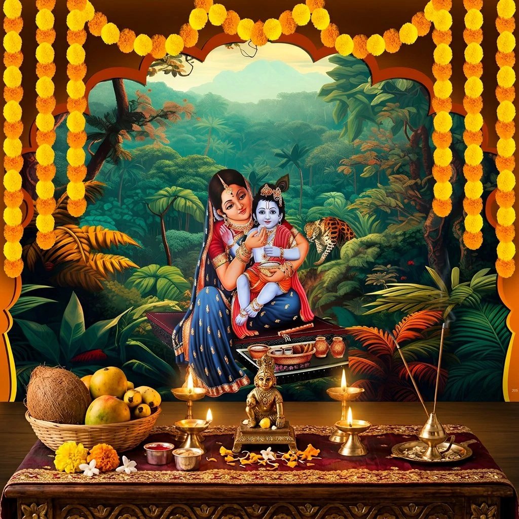 Premium Baby Krishna Backdrop Janmashtami setup with colorful Printed Baby Krishna Backdrop