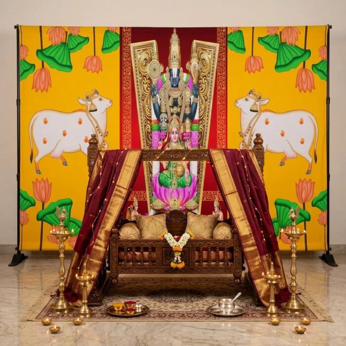 Balaji Padmavati backdrop hung 8 ft wide for wedding Kalyanam mandap and Satyanarayana Pooja decoration in Canada