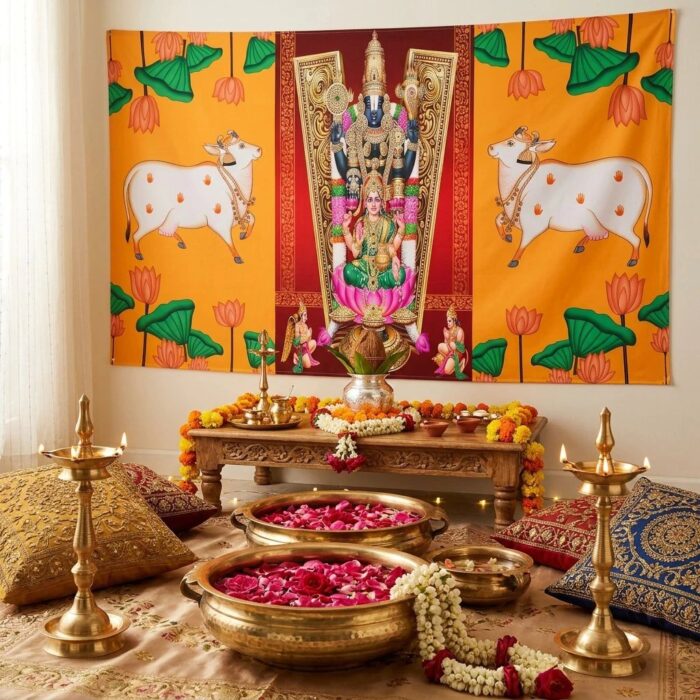 Close-up of Balaji Padmavati (Padmawati) Kalyanam print with gold ornaments and marigold garlands on temple backdrop