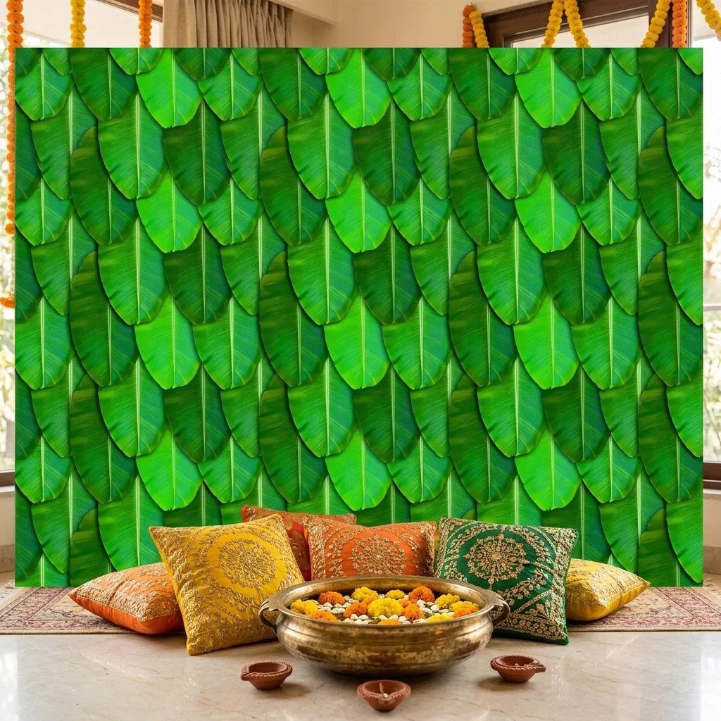 Large 8x5 ft Printed Curtain Plain banana leaves mandap backdrop 8x5 ft — lush green Vazhai Ilai without flowers for festive photobooth