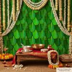 Full 8x5 ft plain banana leaves backdrop curtain with green Kele Patta for Satyanarayana Pooja and housewarming mandap