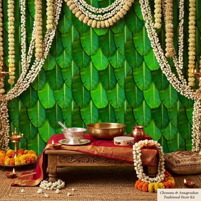 Full 8x5 ft plain banana leaves backdrop curtain with green Kele Patta for Satyanarayana Pooja and housewarming mandap