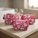 Deep Red hand-block-printed quilted cotton 3-piece travel pouch set