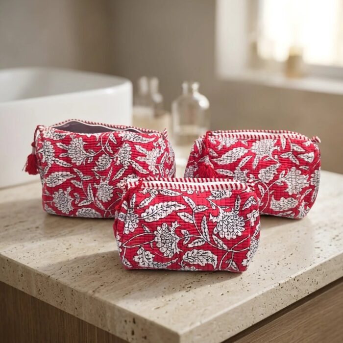 Deep Red hand-block-printed quilted cotton 3-piece travel pouch set