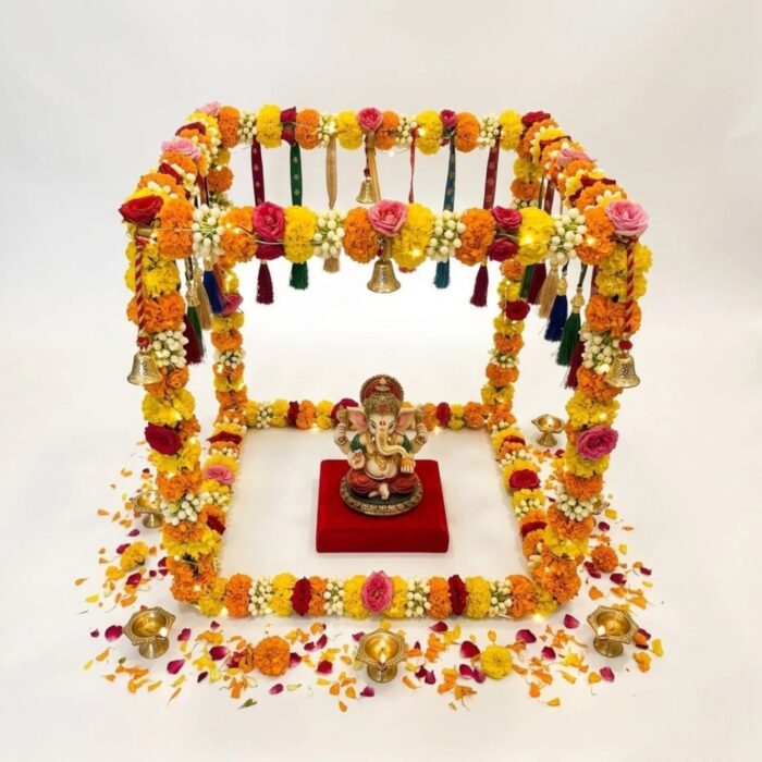24" Metal Ganpati Makhar Frame – Gold Cubic Backdrop Stand - Image 5