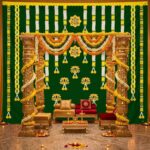 Ganesha green backdrop 8x5 ft with Lord Ganesha and white flower yellow marigold garland for wedding mandap