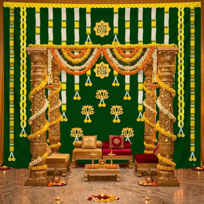 Ganesha green backdrop 8x5 ft with Lord Ganesha and white flower yellow marigold garland for wedding mandap