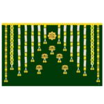Close-up of Ganesha green backdrop design showing white flower garlands and yellow marigolds on rich green background