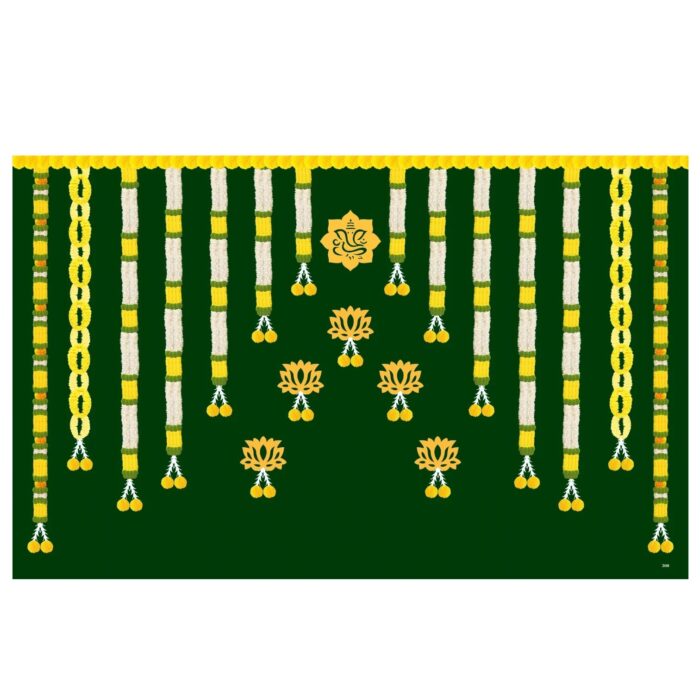 Close-up of Ganesha green backdrop design showing white flower garlands and yellow marigolds on rich green background