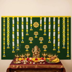 Green Ganesha backdrop hung for Ganesh Chaturthi pooja decoration 8 ft wide with white flower garlands