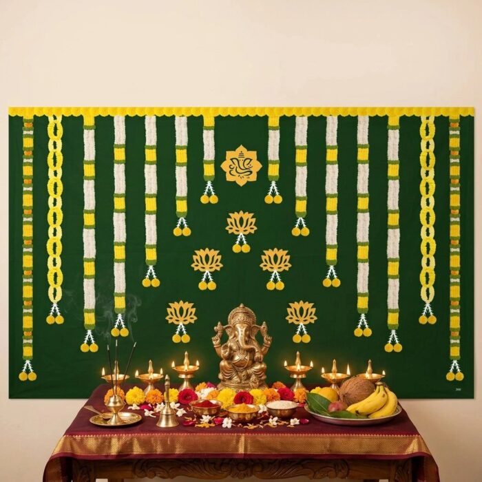 Green Ganesha backdrop hung for Ganesh Chaturthi pooja decoration 8 ft wide with white flower garlands