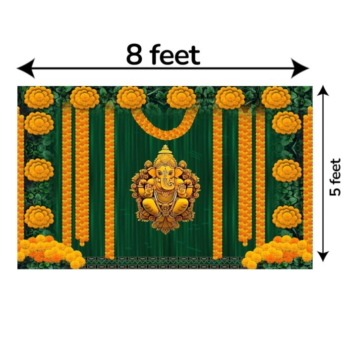 Full 8x5 ft Ganesha marigold floral backdrop curtain with vibrant orange background for festive home decoration — ships from Halifax
